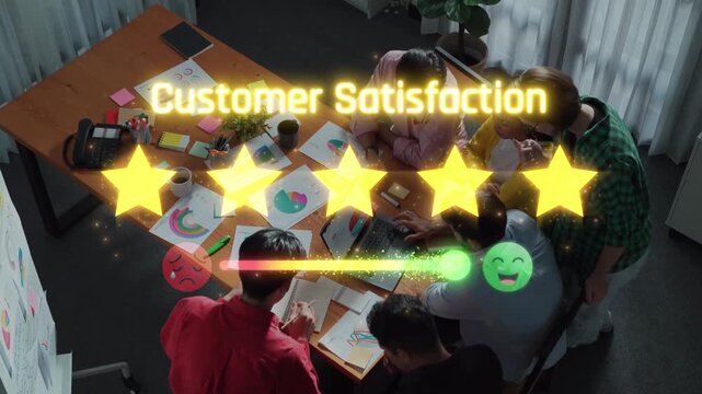 A dynamic team works together in a modern office, focusing on customer satisfaction with visual ratings, charts, and emotional feedback icons illustrating engagement. Raster
