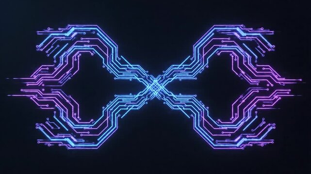 Abstract glowing digital circuit board pattern forming a symmetrical infinity shape with blue and purple light trails on a dark background, representing technology and connectivity.