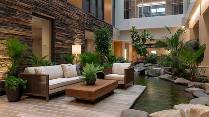 Fototapeta premium Biophilic hospital waiting room with interior water feature, abundant potted plants, natural stone walls, and comfortable seating in warm sunlight, ideal for healthcare design, healing