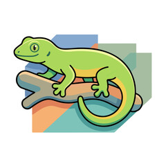 Obraz premium Colorful cartoon chameleon sitting on a branch, vibrant reptile illustration with modern flat design.