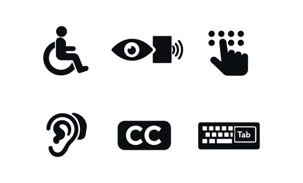 Six black accessibility icons including a wheelchair user, eye with sensor, touchscreen finger, ear, closed captions box and keyboard tab key.