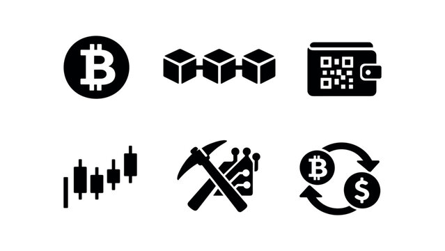 Black cryptocurrency icons featuring a bitcoin symbol, blockchain cubes, a wallet with qr, candlestick chart, mining pick with circuit and currency exchange.