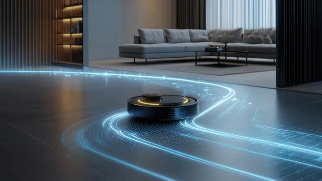 robot vacuum gliding through modern living room, emits blue and orange particle trails while laser sensors map hardwood floor, sofa and curtains visible