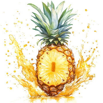 Pineapple, watercolor with intricate brush textures and gentle highlights, isolated on a white background.