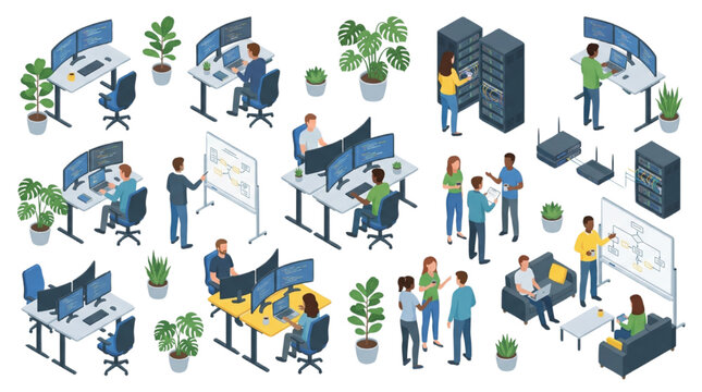 Isometric IT Office and Data Center Workspace Set: Programmers, Server Racks, Desks, and Plants