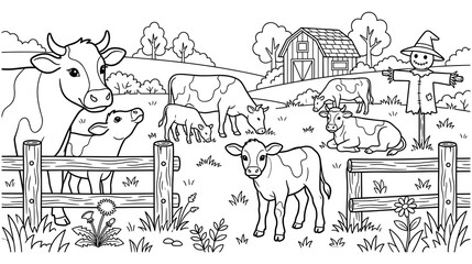 Obraz premium Coloring page of farm animals on a pasture with a barn and scarecrow