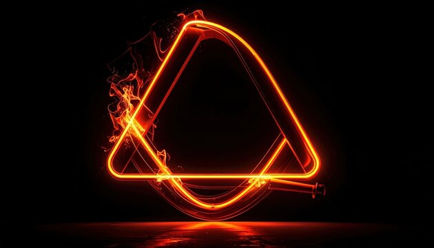 A vibrant glowing neon light tube bent into an abstract geometric triangle shape, emitting energetic fiery effects and reflecting on a dark, mysterious surface.