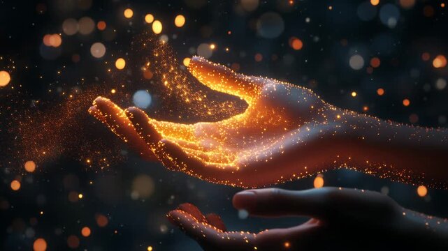 black hands cradling golden glowing particles as sparks cascade from palms, bokeh lights and warm highlights frame slow graceful motion closeup texture