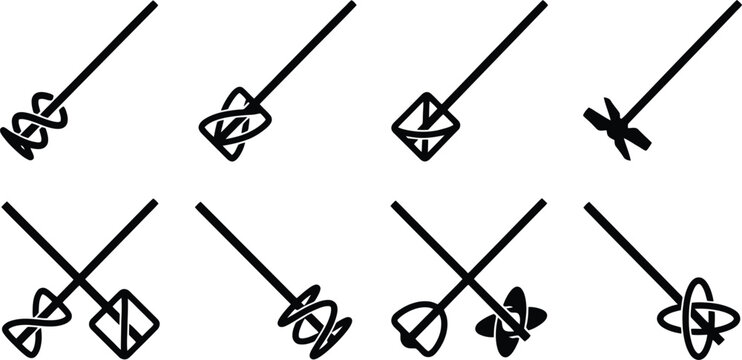 Set of Black Silhouette Mixer Attachment Icons on White Background Keywords: mixer attachment, mixing tool, impeller, agitator, stirrer, industrial mixer, paint mixer, concrete mixer, drill