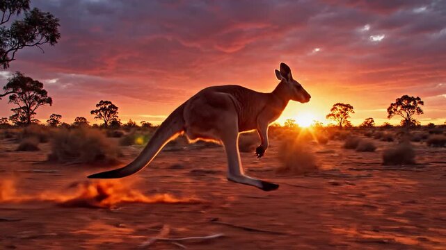Kangaroo bounds across Australian outback at sunset