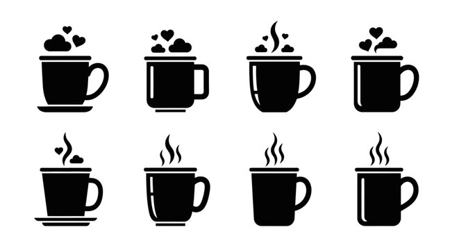 Set of eight black coffee mugs with steam rising, featuring heart shapes and various cup designs, on a white background