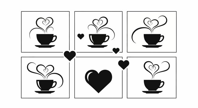 six black heart coffee cup icons and heart symbols on white background vector