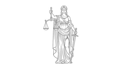 Obraz premium Line Art Drawing of Blindfolded Lady Justice Holding Scales and Sword on Isolated White Background