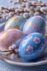 Fototapeta premium Pastelowe pisanki zdobione złotymi i różowymi kwiatami na ceramicznym talerzyku. W tle puszyste bazie w chłodnej, wiosennej kolorystyce.