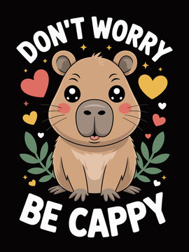A capybara is surrounded by colorful hearts and leaves The text 'Don't Worry Be Cappy' adds a playful vibe.