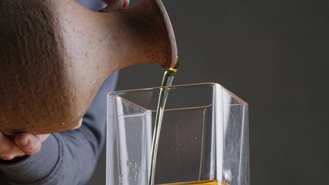 Pouring golden olive oil from rustic clay jug into glass container