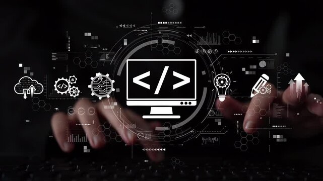 Modern web development concept featuring coding symbols, web development process, web development interface, and web development tools with futuristic design. Muxer