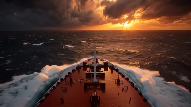 Crude oil tanker moving through Strait of Hormuz energy route with waves splashing against hull under dramatic sunset sky