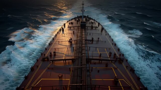 Crude oil tanker moving across Strait of Hormuz energy corridor with crashing waves