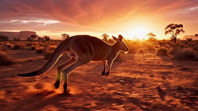 Kangaroo bounds across Australian Outback at sunrise