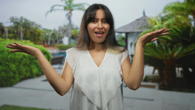 Woman with arms raised and palms visible by resort pool near a building, smiling and gesturing to camera; vacation surprise.