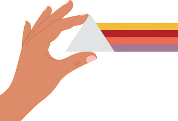 Obraz premium A hand holds a prism, refracting light into a spectrum. Illustrative light spectrum physics concept. Clean, modern design.