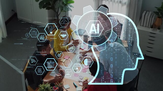 A diverse team collaborates effectively in a modern workspace, integrating artificial intelligence concepts to spark creativity and innovation during a productive meeting. Raster