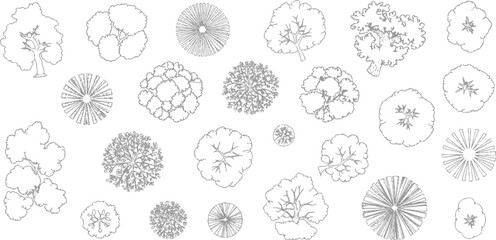 Collection of view tree in various styles and sizes outline grey © ESIPOOS