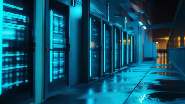 Data center racks stand in a row, illuminated by a blue glow, representing network connectivity, server technology, and digital information storage within a secure computing environment