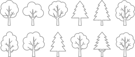 Collection of simple line deciduous and coniferous trees in grey outline on white background nature forest © ESIPOOS