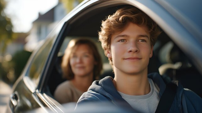 Teenage son adjusts side mirrors while mother watches from passenger seat in sedan before parallel parking practice on residential street, perfect for driving education teen safety training, and