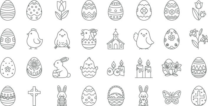 Various flat, stylized icons related to the Christian observance of Easter, such as decorated eggs, small birds, and religious architecture.