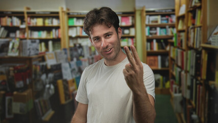 Man points finger toward camera in a crowded library aisle, smiling and gesturing among bookshelves while wearing a white t shirt  playful curiosity. © Krakenimages.com