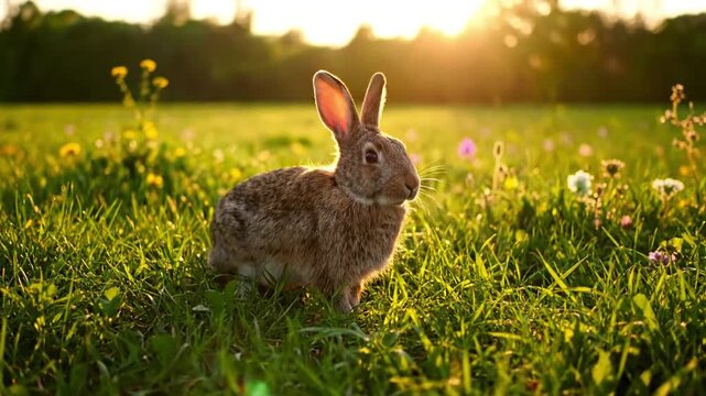 Soft focus shot of a rabbit grooming itself under the cover of tall grasses, conveying a sense of peace, self care, and vulnerability in the wild. Portraying the intimate, quiet moments of wildlife?