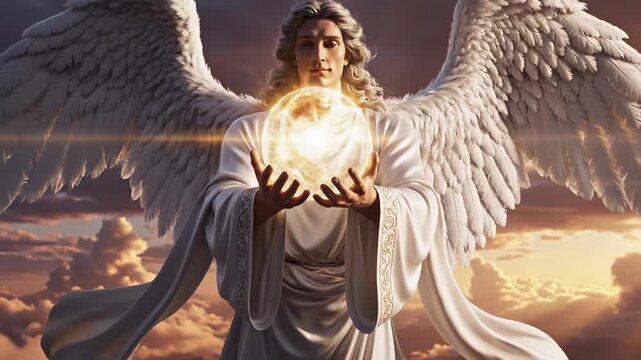 Majestic angel holds glowing orb, radiating divine light. Ethereal presence inspires awe and tranquility. Heavenly scene evokes spirituality and wonder.