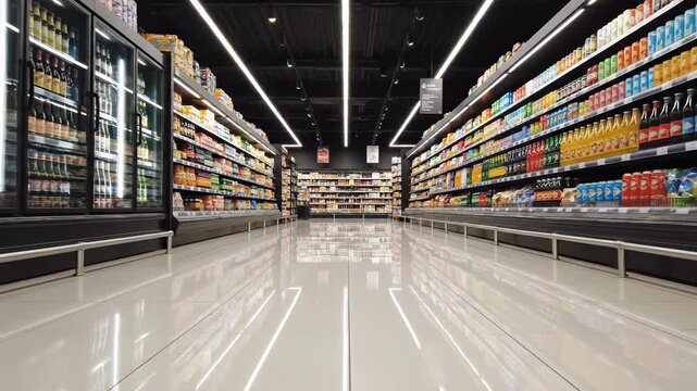 Spacious supermarket aisle filled with beverages and snacks. Brightly lit shelves display colorful products. Shopping environment promotes healthy choices and convenience.
