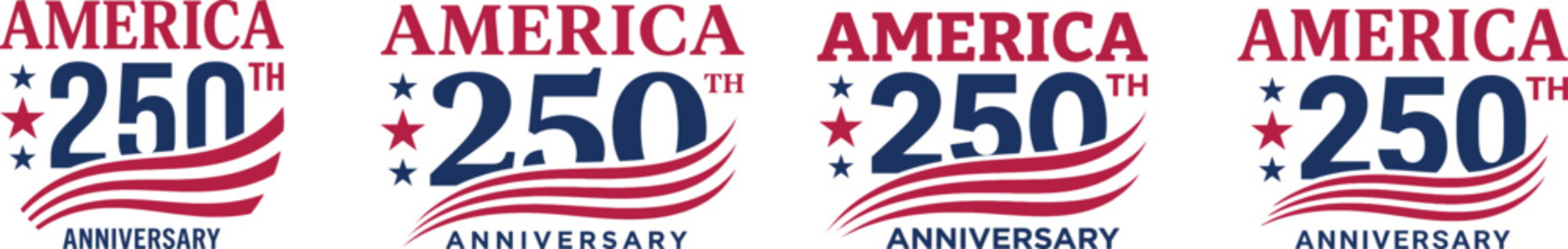 250th america anniversary logos featuring patriotic red, white, and blue designs with stars, stylized stripes, and bold typography in a clean horizontal layout