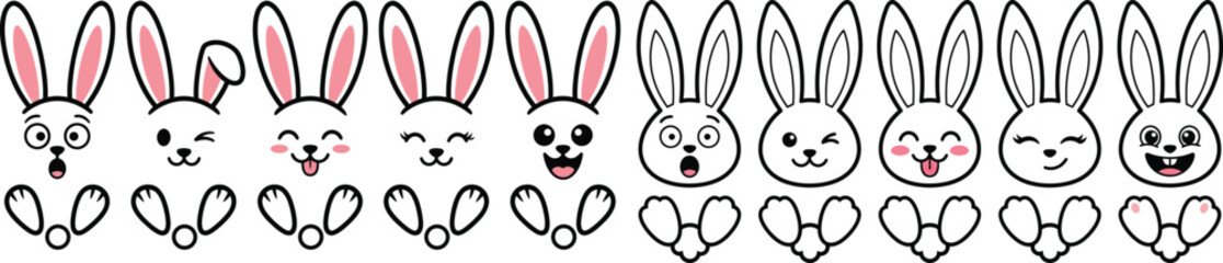 Fototapeta premium Outline Bunny faces cartoon row cute rabbit expressions easter icons