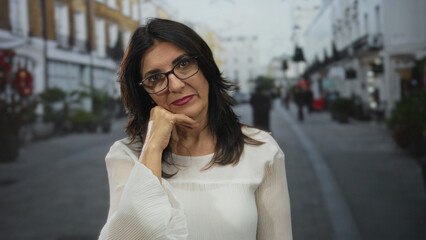 Fototapeta premium Hispanic woman wearing glasses and white blouse with hand on chin standing outdoors on city street; quiet reflection.