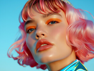 Fototapeta premium A close-up beauty portrait of a model with pink hair, vivid orange eye makeup, and a metallic collar against a bright blue background. Bold y2k inspired editorial style.