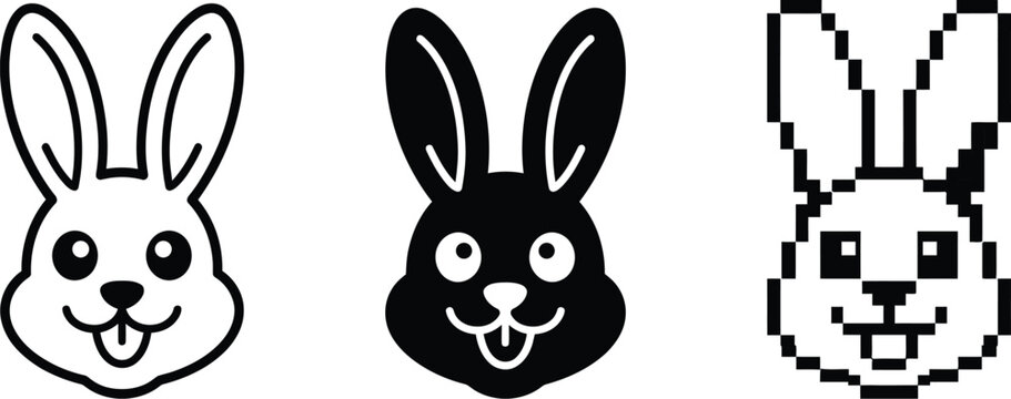 rabbit faces set featuring three distinct head designs including a clean outline, a solid black filled version, and a structured pixel art variation in monochrome