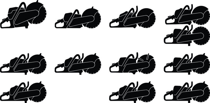Assortment of Black Silhouette Cut- Off Saw Icons on White Background Keywords: cut-off saw, power tool, construction tool, industrial equipment, machinery, silhouette, icon, graphic, cutting