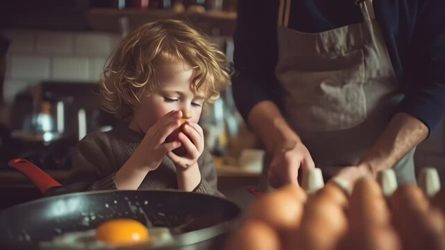 Cute toddler boy learning to cook breakfast with parent in kitchen