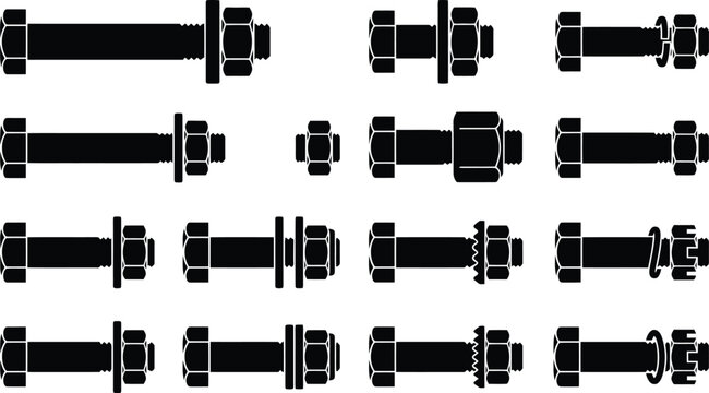 Assortment of Black Silhouette Bolt and Nut Icons with Various Types on White Background Keywords: bolt, nut, fastener, hardware, screw, threaded fastener, industrial hardware, construction
