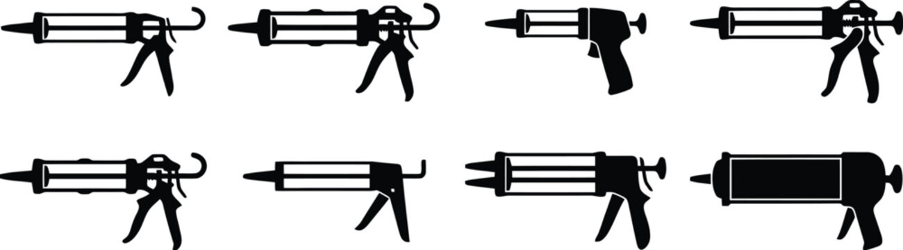 Collection of eight black silhouette caulking gun icons with different nozzle and trigger designs on a white background Keywords: caulking gun, sealant gun, adhesive gun, silicone gun, tool