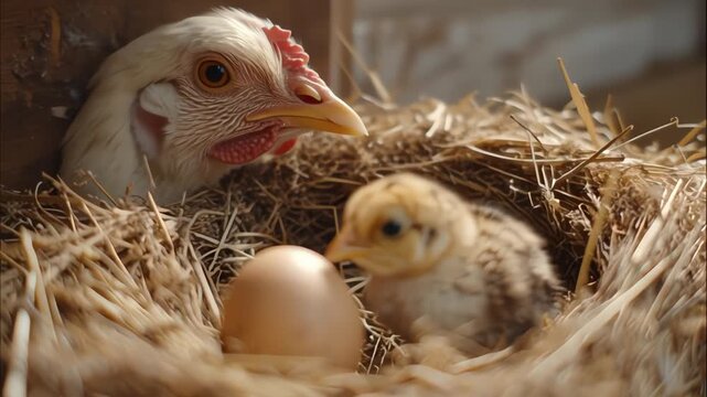Mother hen watching over her chick and an unhatched egg