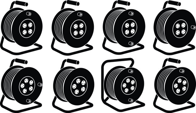 Eight black silhouette icons of portable cable reels with multiple sockets on a white background Keywords: cable reel, extension cord reel, cord organizer, electrical reel, power reel, tool