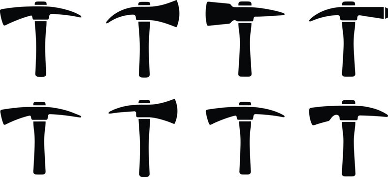 Set of black silhouette axe and pickaxe icons with wooden handles Keywords: axe, pickaxe, tool, construction, demolition, woodcutting, farming, gardening, hardware, equipment, safety, rescue, fire