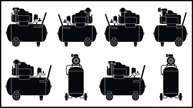 Collection of black silhouette air compressor icons with tanks and gauges Keywords: air compressor, pneumatic tool, air tool, industrial equipment, workshop, garage, mechanic, construction