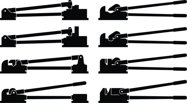 Collection of Black Silhouettes of Metal Cutting and Bending Tools on White Background Keywords: metal cutter, bolt cutter, wire cutter, rebar cutter, hydraulic cutter, manual cutter, tool